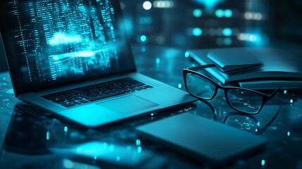 Fototapete - An e-learning concept image showcasing digital education tools such as a laptop, e-books, and glasses, symbolizing the modern approach to knowledge acquisition and effective learning strategies