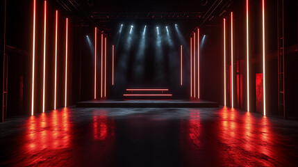 Poster - An atmospheric empty stage set on a dark floor, illuminated by vibrant stage lights strategically placed around the perimeter, creating an inviting space for a performance or event