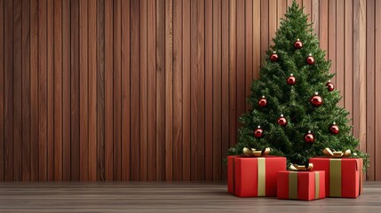 Wall Mural - A photostock of a beautifully decorated Christmas tree with stacked presents underneath, surrounded by glowing holiday lights. High Quality