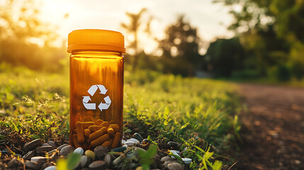 Poster - An eco-friendly medical pill bottle featuring a prominent recycling symbol, emphasizing the importance of proper medical waste disposal and environmental responsibility after medication expiration