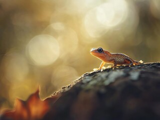Wall Mural - golden hour amphibian on mossy log, forest bokeh background, nature photography for websites.