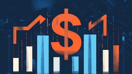 Aufkleber - An illustration symbolizing financial success and profit growth, featuring a bold dollar sign with upward-pointing arrows, representing a positive trend in revenue and investments