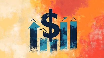 Poster - An illustration symbolizing financial success and profit growth, featuring a bold dollar sign with upward-pointing arrows, representing a positive trend in revenue and investments