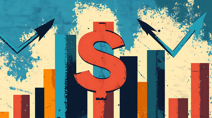 Aufkleber - An illustration symbolizing financial success and profit growth, featuring a bold dollar sign with upward-pointing arrows, representing a positive trend in revenue and investments