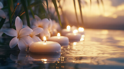 Poster - Aromatic candles over water with flowers and bamboo, spa and relaxation concept