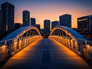 Wall Mural - modern illuminated bridge at dawn, city skyline backdrop.