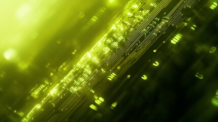 Abstract green digital data stream, glowing lines and particles.
