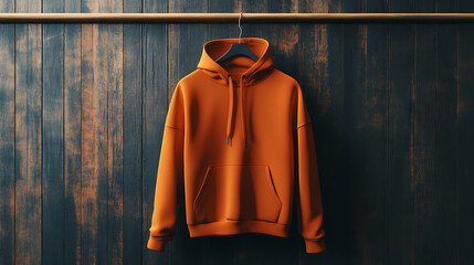 Poster - Blank orange hanging hoodie mockup on dark wooden wall background