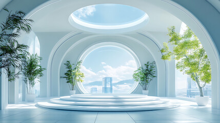Poster - Bright futuristic gallery interior with mock up place, 3d rendering