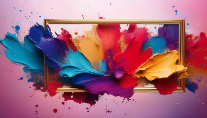 Poster - A vibrant splash of colors bursts from a golden frame, blending hues of blue, pink, red, and yellow against a soft background.