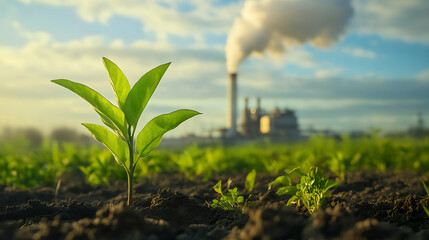 Aufkleber - Decarbonization, featuring a vibrant green plant in the foreground with a co2-emitting industrial chimney in the background, symbolizing the balance between industry and environmental sustainability