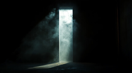 Poster - Dense smoke illuminated by a single shaft of light in a dark space, isolation and drama concept