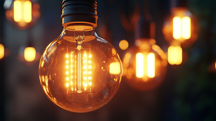 Poster - Eco-friendly led filament bulbs glowing warmly, symbolizing sustainable lighting solutions powered by clean energy, emphasizing reduced electricity costs and environmental conservation