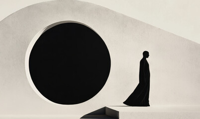 Wall Mural - Minimalist Architecture with Silhouette Against Geometric Black and White Backdrop