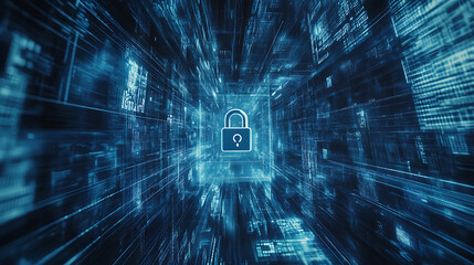 Poster - Endpoint detection and response (edr) concept, featuring a padlock symbol within a high-tech, cybersecurity-inspired environment, suggesting data protection and network security