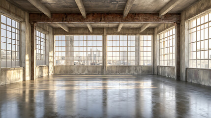 Poster - front view of empty loft interior room with concrete floor and windows