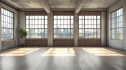 Aufkleber - Front view of empty loft interior with wooden floor and large windows