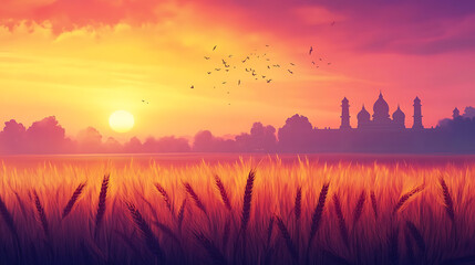 Poster - Happy vaisakhi background with wheat field at sunrise