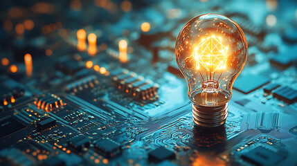 Aufkleber - Illuminated lightbulb on a circuit board background, concept of innovation and technology