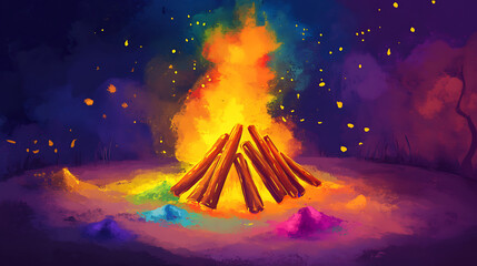 Wall Mural - Illustration of bonfire with colorful powders around for holika dahan