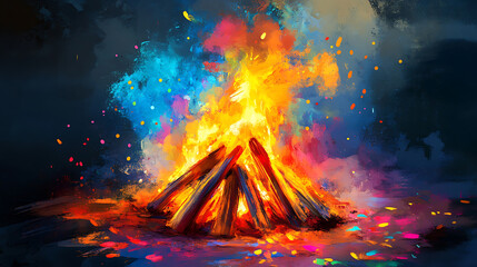 Poster - Illustration of bonfire with colorful powders around for holika dahan
