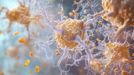 Aufkleber - Illustration of neural network highlighting neurons involved in addiction, focusing on synapses affected by opioid use, depicting the complex brain activity linked to substance dependence