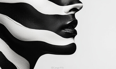 Poster - Monochrome Face Art with Black and White Stripes Creating Bold Abstract Patterns