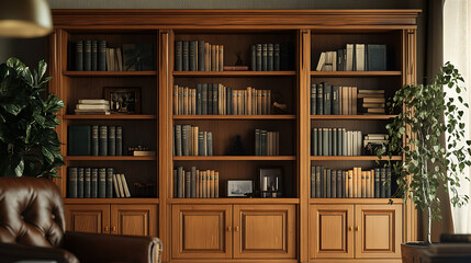 Poster - Image showcasing a traditional oak wood bookcase filled with a variety of hardcover books, providing an elegant and intellectual backdrop suitable for virtual meetings and video conferencing