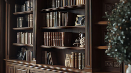 Poster - Image showcasing a traditional oak wood bookcase filled with a variety of hardcover books, providing an elegant and intellectual backdrop suitable for virtual meetings and video conferencing