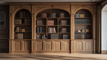 Poster - Image showcasing a traditional oak wood bookcase filled with a variety of hardcover books, providing an elegant and intellectual backdrop suitable for virtual meetings and video conferencing