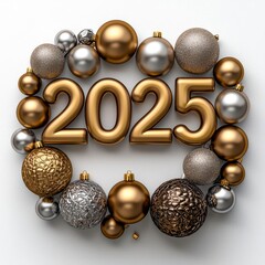 Wall Mural - A photostock of shimmering gold and silver holiday baubles arranged around glowing 