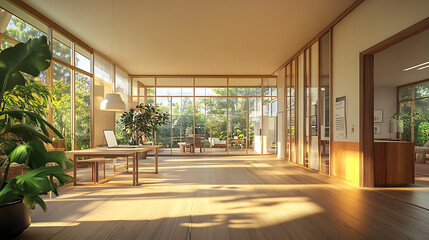 Poster - interior of modern office with wooden floor, panoramic window and daylight