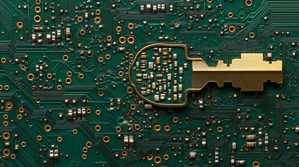 Poster - Key on circuit board background with binary code, security concept