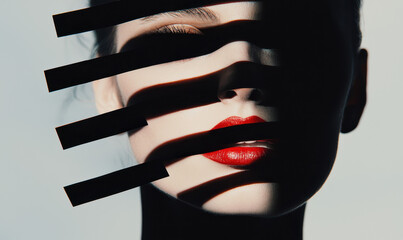 Poster - Artistic Portrait with Play of Shadows and Bold Red Lips on High Contrast Background