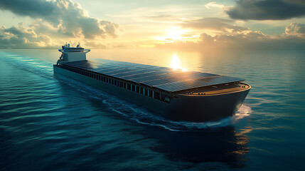 Poster - large cargo ship adorned with numerous solar panels, illustrating the innovative integration of gree