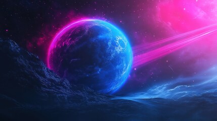 Wall Mural - Vibrant blue planet with pink cosmic ray, nebula clouds, and starry background.