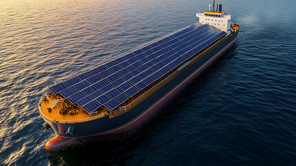 Poster - Large cargo ship adorned with numerous solar panels, illustrating the innovative integration of green energy solutions in maritime transport for enhanced sustainability and reduced carbon footprint