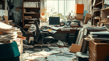 Aufkleber - Messy office interior with a lot of paperwork and furniture left on the floor