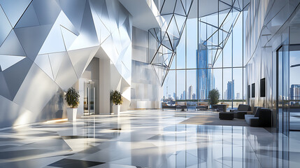 Poster - Modern business lobby with geometric patterns and cityscape views, innovative, design, structure