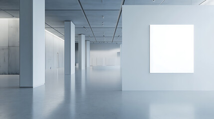 Poster - modern futuristic gallery interior with empty white mock up banner on wall, 3d rendering