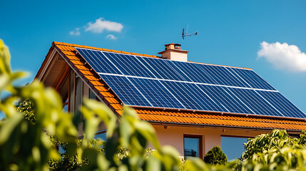Aufkleber - Modern ecofriendly home equipped with highefficiency residential solar panels on the roof, harnessing renewable energy from the sun for sustainable green power generation
