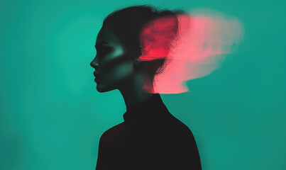 Poster - Silhouette Profile with Neon Pink and Teal Abstract Light Effects