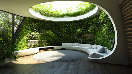 Poster - Modern corporate office space with green walls, sustainable and nature friendly environment, the office design reflects the companys commitment to ecology practices and a healthy work atmosphere