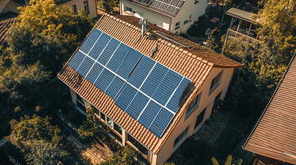Aufkleber - Modern ecofriendly home equipped with highefficiency residential solar panels on the roof, harnessing renewable energy from the sun for sustainable green power generation