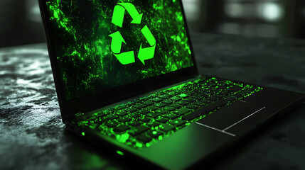 Fototapete - Modern laptop adorned with a bright green recycle symbol, emphasizing the importance of e-waste management and the use of recyclable materials in the manufacturing of electronics