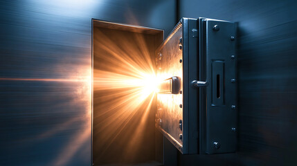 Poster - Open steel safe with light rays coming out
