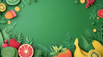 Poster - Papercut style fruit and vegetable background, world vegan day, green background and copy space