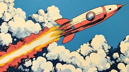 Poster - Pop art inspired rocket soaring through clouds