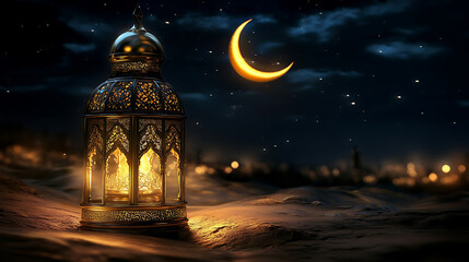 Poster - Realistic illustration for eid al-fitr in gold colors with a beautifully lantern and crescent moon