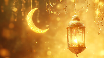 Poster - Realistic illustration for eid al-fitr in gold colors with a beautifully lantern and crescent moon
